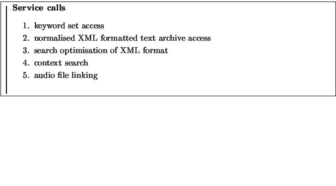 \fbox{
\rule{1pt}{0.2\textheight}
\raisebox{0.19\textheight}{
\begin{minipage}[t...
...t
\item context search
\item audio file linking
\end{enumerate}\end{minipage}}}