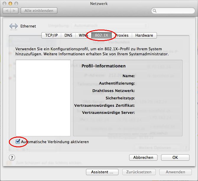 Fenster Netzwerk - Registerkarte 802.1X - Automatische Konfiguration