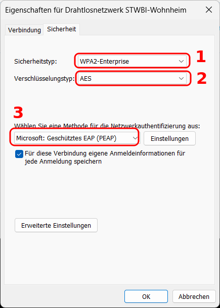 Verbindungseinstellungen Sicherheit PEAP